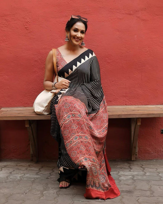 Black Gajji Silk Ajrakh Print Border With Ajrakh Rich Pallu Saree