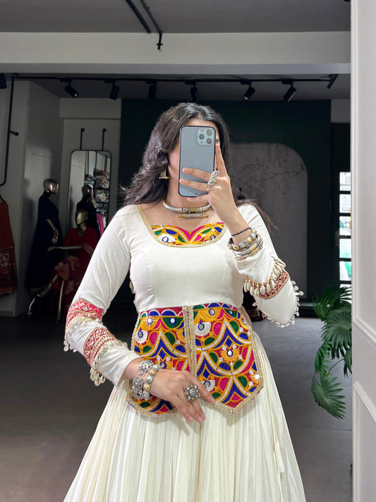White Pure Rayon Real Mirror Gamthi Work Navratri Lehenga Choli