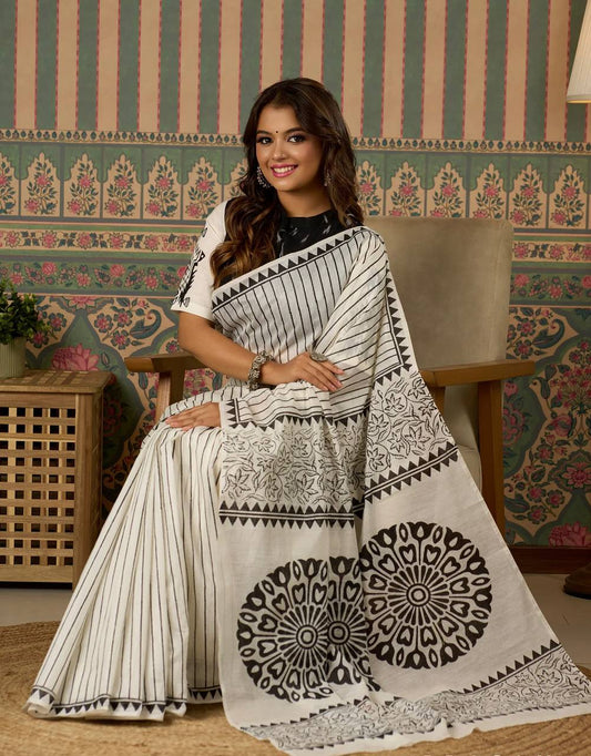 Off White Premium Lilan Cotton Beautiful Digital Print With Stylish Latkan Saree