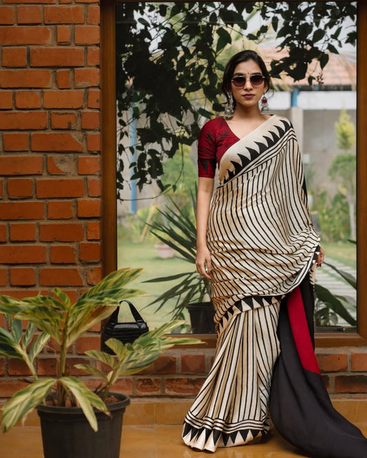 White & Black Semi Gajji Silk Ajrakh Saree with Rich Pallu – Traditional Designer Saree