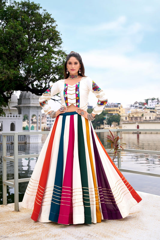White Pure Rayon Mirror Gamthi Work Navratri Lehenga Choli