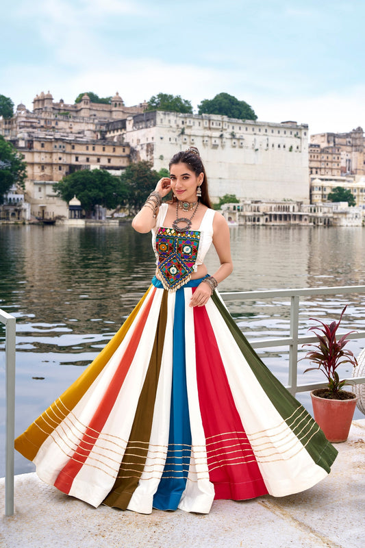 Multicolor Pure Rayon Mirror Gamthi Work Navratri Lehenga Choli