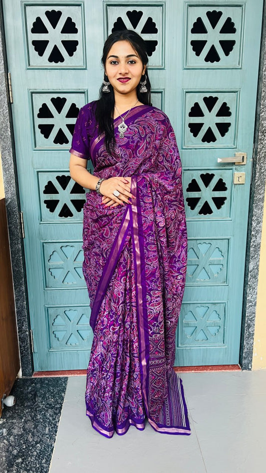 Royal Purple Mul Mul Cotton Silk Print Lightweight Saree