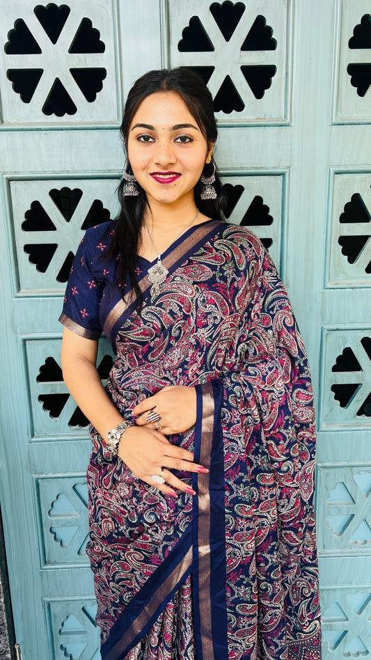 Classic Navy Blue Mul Mul Cotton Silk Print Lightweight Saree
