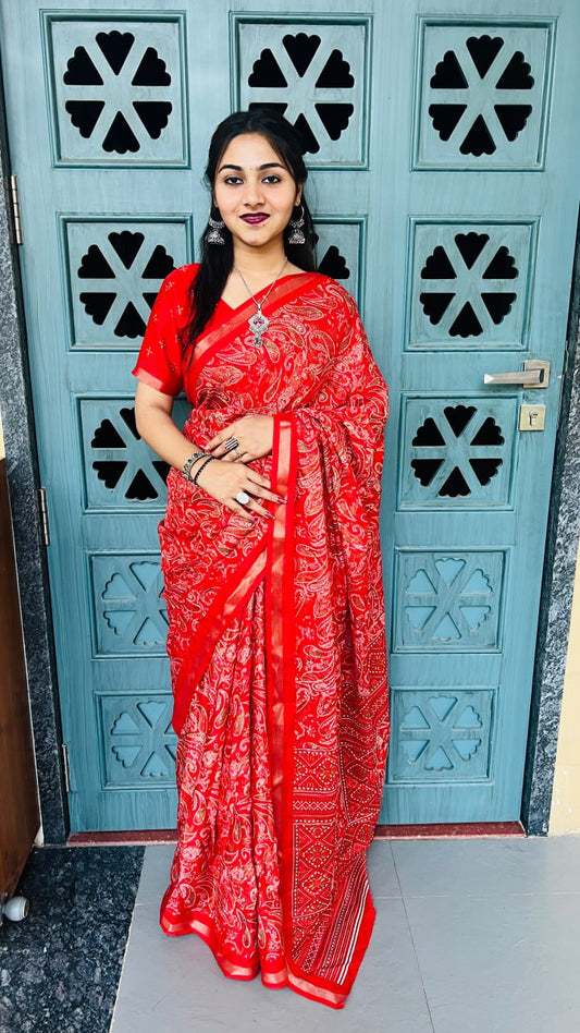 Vibrant Cherry Red Mul Mul Cotton Silk Print Lightweight Saree