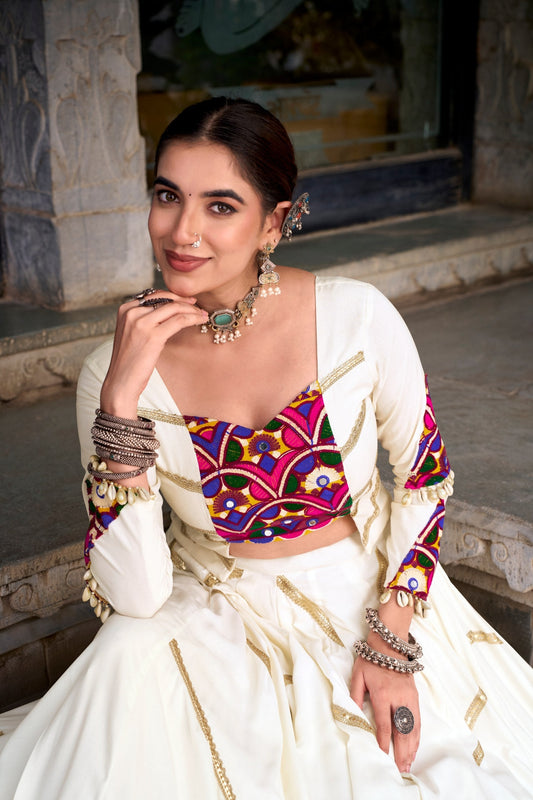 White Pure Rayon Original Mirror Gamthi Work Navratri Lehenga Choli