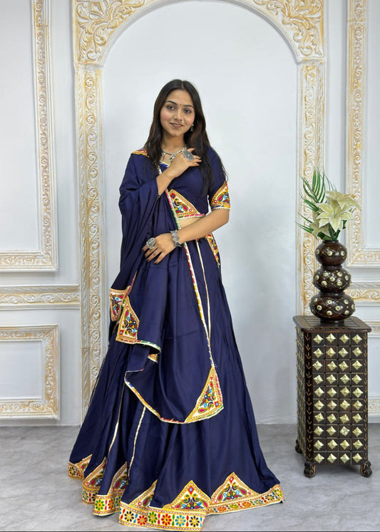 Navy Blue Heavy Rayon Cotton Navratri Chaniya Choli - Multicolour Mirror & Patch Work Border with Dupatta