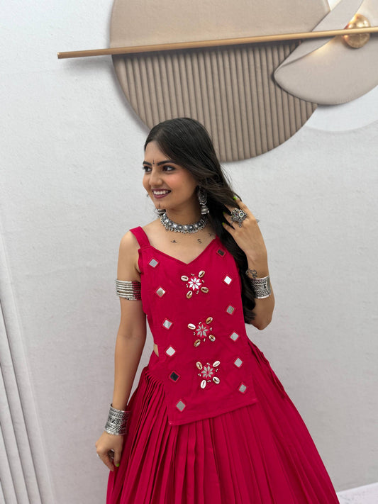 Rani Pink Pure Cotton Navratri Lehenga Choli - Real Kodi & Mirror Work | Ready to Wear