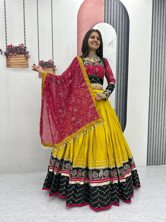 Yellow & Black Rayon Cotton Navratri Chaniya Choli - Mirror & Thread Work with Bandhani Dupatta | Ready to Wear
