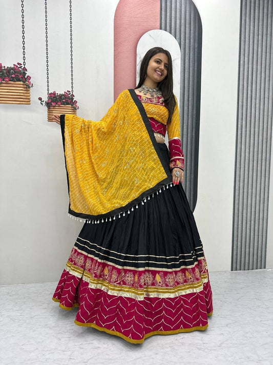 Black & Rani Pink Rayon Cotton Navratri Chaniya Choli - Mirror & Thread Work with Bandhani Dupatta | Ready to Wear