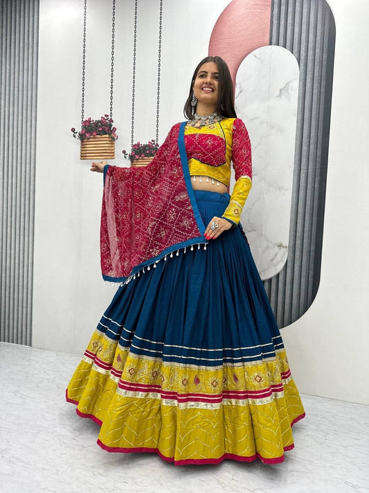 Teal Blue & Yellow Rayon Cotton Navratri Chaniya Choli - Mirror & Thread Work with Bandhani Dupatta | Ready to Wear