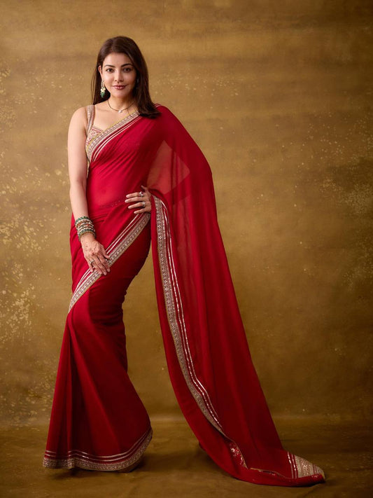 Red Embroidery Work In Banglori Silk Stunning Sequence Saree