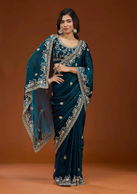Rama Chiffon Silk Beautiful Sequence And Zari Embroidery Work Saree