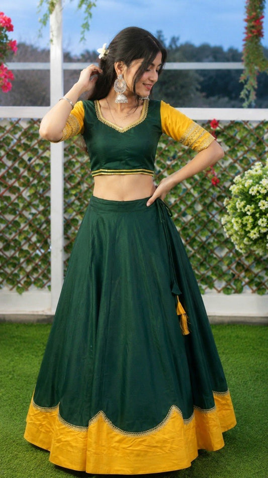 Bottle Green & Yellow Pure Rayon Navratri Lehenga Choli - Sequins Lace with Scalloped Border