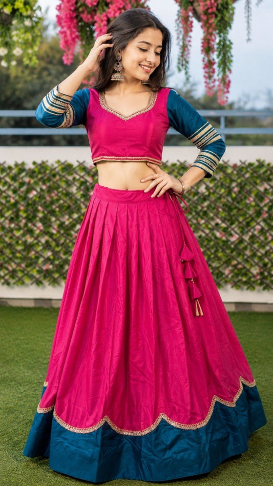 Rani Pink & Teal Blue Pure Rayon Navratri Lehenga Choli - Sequins Lace with Scalloped Border