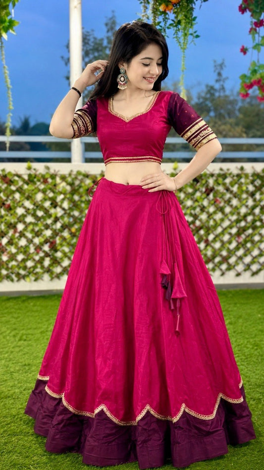 Rani Pink & Wine Pure Rayon Navratri Lehenga Choli - Sequins Lace with Scalloped Border