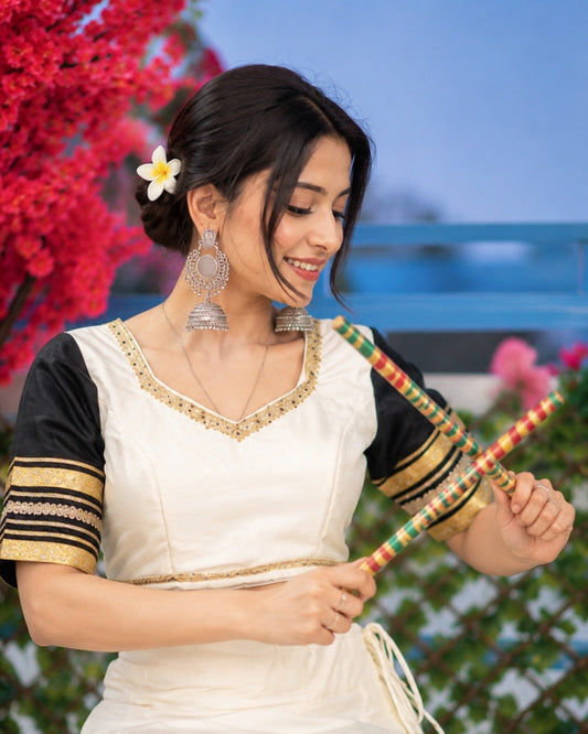Off-White & Black Pure Rayon Navratri Lehenga Choli - Sequins Lace with Scalloped Border
