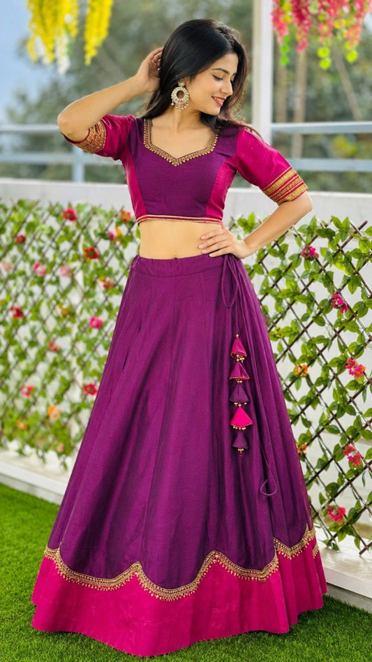 Purple & Rani Pink Pure Rayon Navratri Lehenga Choli - Sequins Lace with Scalloped Border