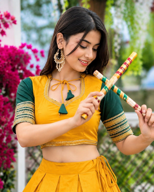 Mustard Yellow & Green Pure Rayon Navratri Lehenga Choli - Sequins Lace with Scalloped Border