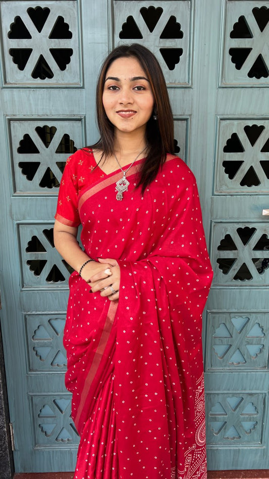Red Soft Mal Mal Cotton Silk Print Traditional Saree