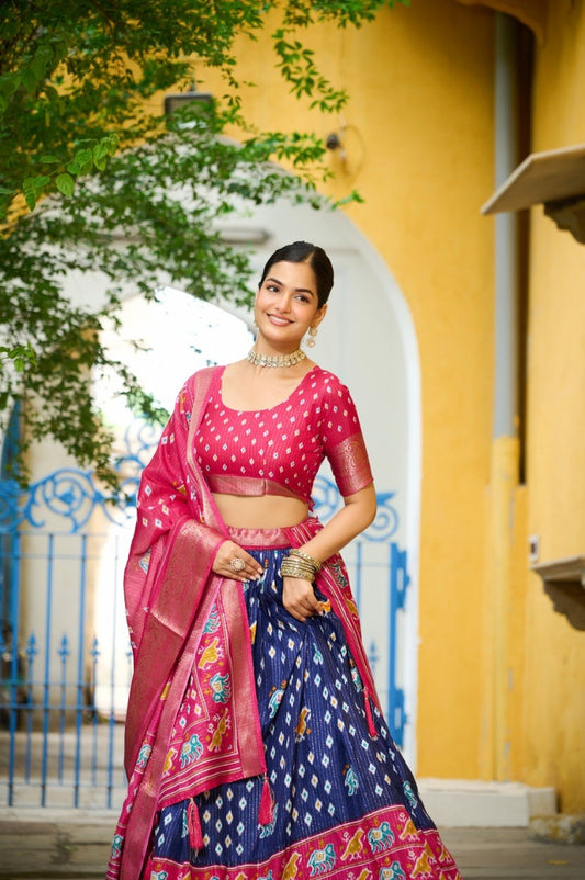 Royal Blue Lichi Silk Lehenga – Traditional Jacquard Border & Jari Lining with Ethnic Designer Print Set