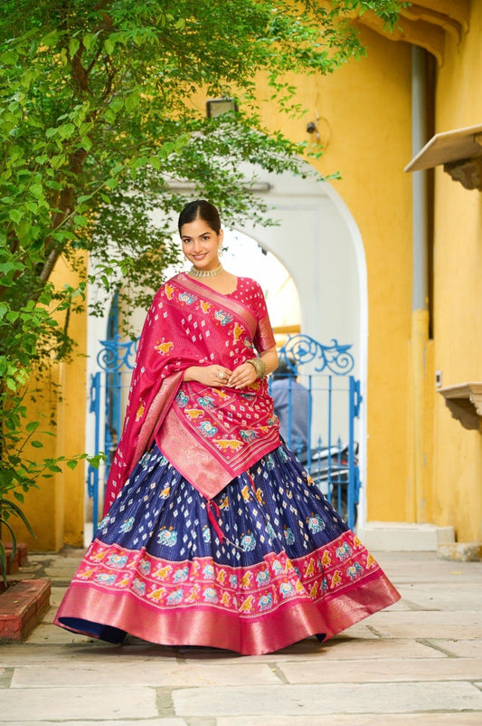 Royal Blue Lichi Silk Lehenga – Traditional Jacquard Border & Jari Lining with Ethnic Designer Print Set