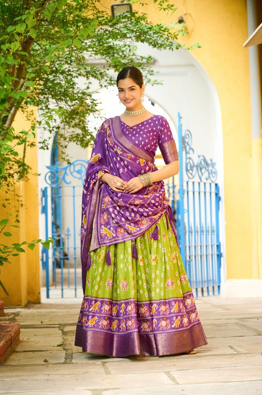 Mehendi Green Lichi Silk Lehenga – Traditional Jacquard Border & Jari Lining with Ethnic Designer Print Set