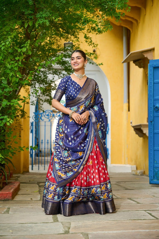 Red Lichi Silk Lehenga – Traditional Jacquard Border & Jari Lining with Ethnic Designer Print Set
