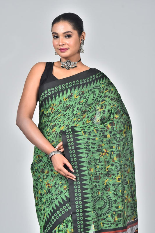 Green Premium Lilan Cotton With Fine Digital Print Saree