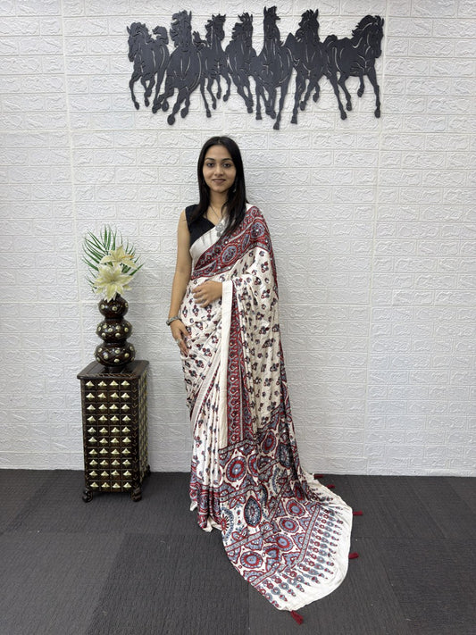 Ajrakh Real Mirror Modal Silk Saree With Blouse