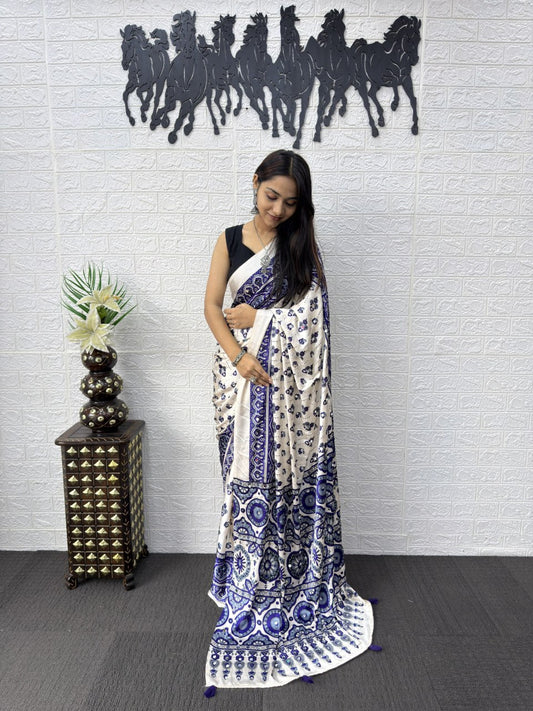 Ajrakh Real Mirror Modal Silk Saree With Blouse