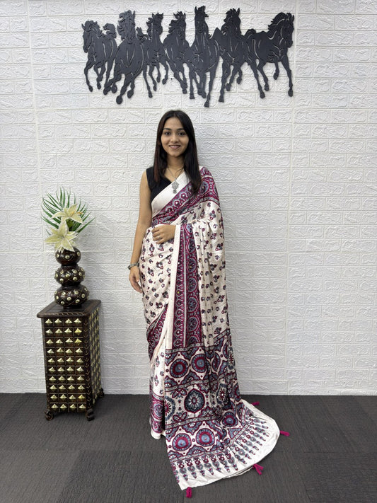 Ajrakh Real Mirror Modal Silk Saree With Blouse