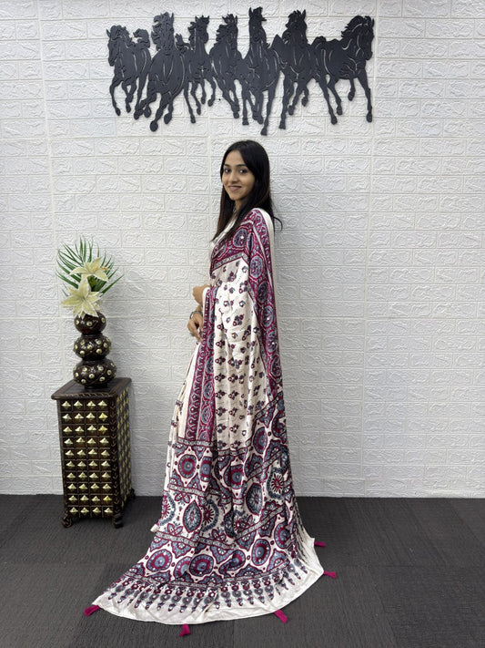 Ajrakh Real Mirror Modal Silk Saree With Blouse