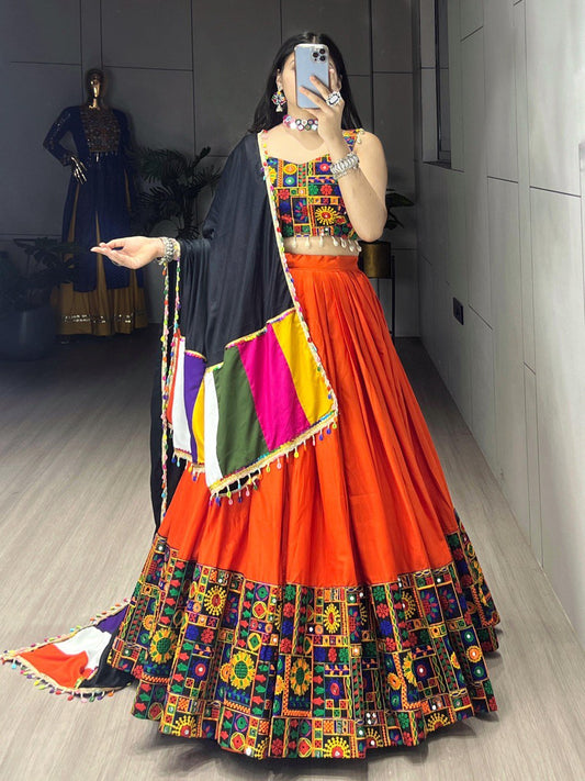 Orange Pure Rayon Cotton Navratri Lehenga – Real Mirror Work with Traditional Gamthi Design Patta Border