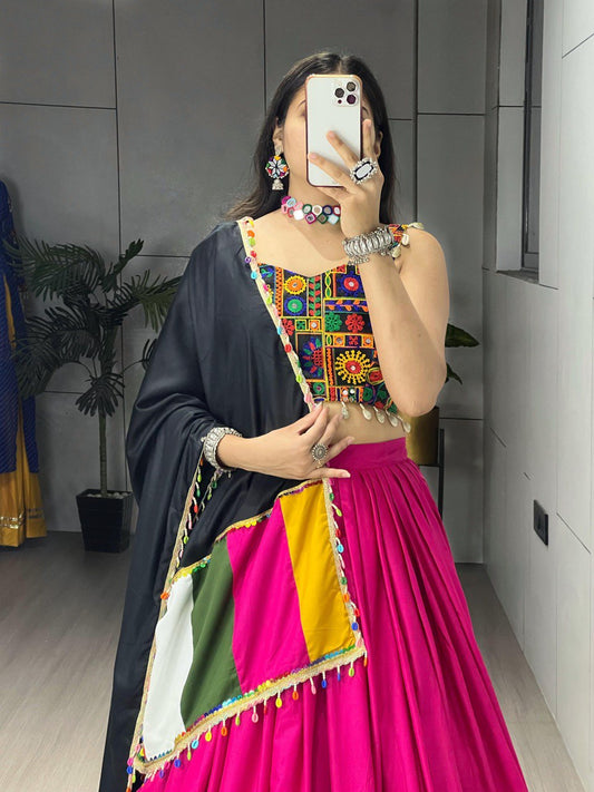Rani Pink Pure Rayon Cotton Navratri Lehenga – Real Mirror Work with Traditional Gamthi Design Patta Border
