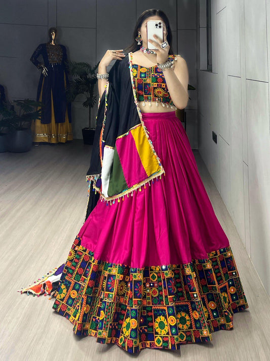 Rani Pink Pure Rayon Cotton Navratri Lehenga – Real Mirror Work with Traditional Gamthi Design Patta Border