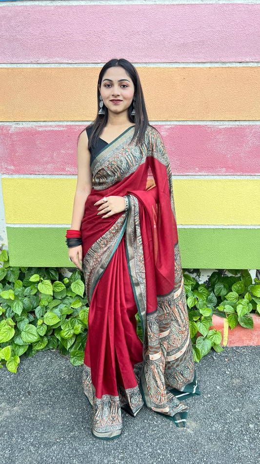 Maroon Soft Mal Mal Cotton Elegant Contrast Woven Border Saree