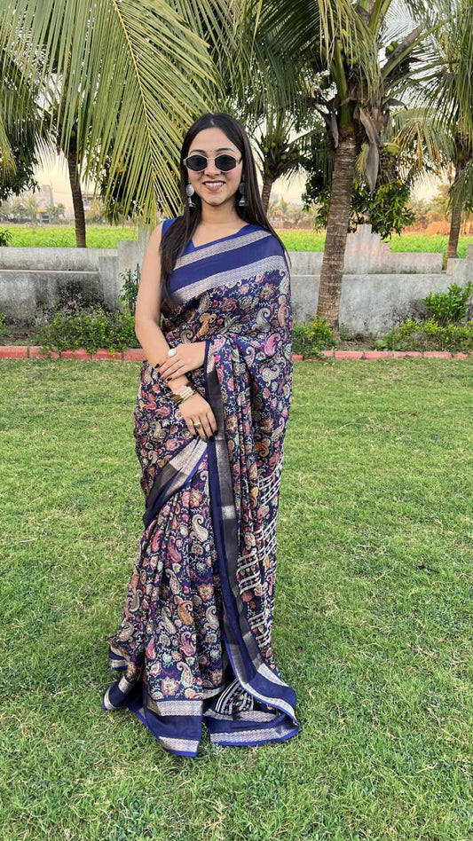 Navy Blue Premium Marshmallow Rich Zari Border Saree Saree