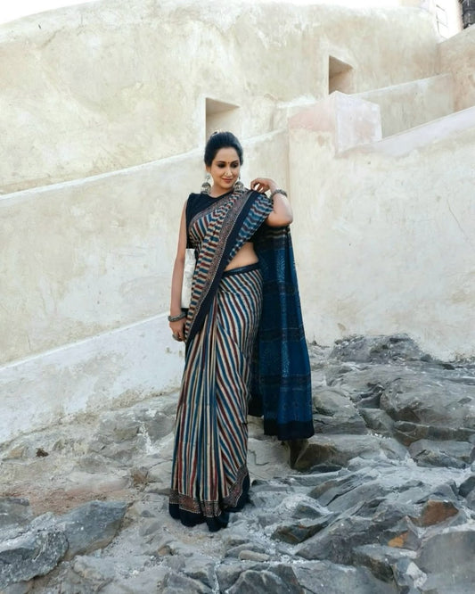 Black Semi Gajji Ajrakh Rich Pallu With Contrast Blouse Saree