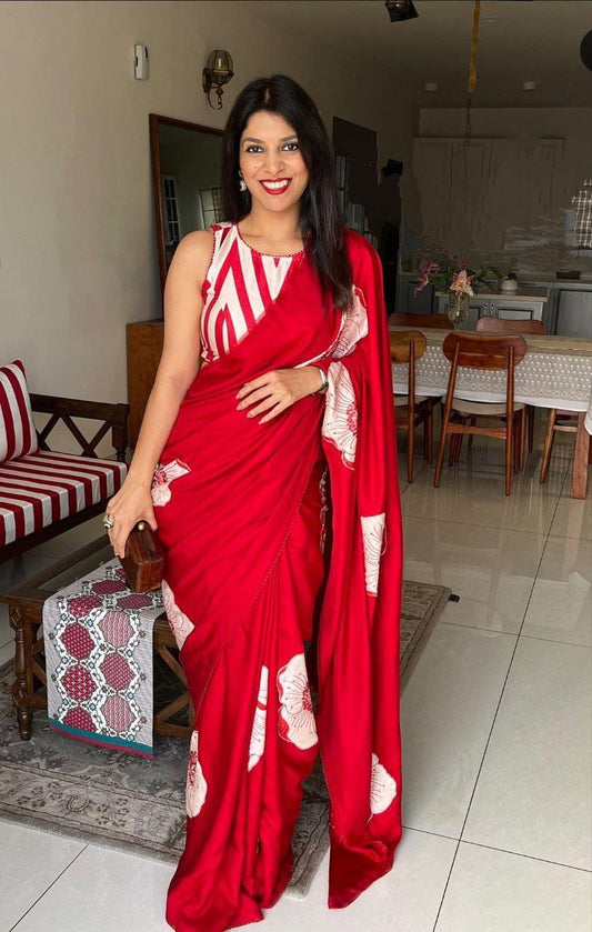 Red Semi Gajji Ajrakh Rich Pallu With Contrast Blouse Saree