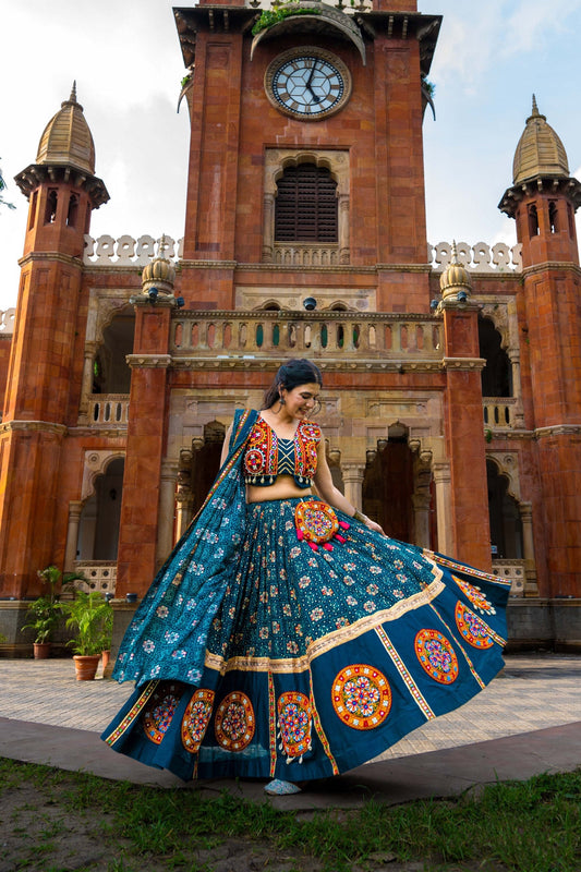 Teal Blue Pure Rayon Printed With Foil Work And Gamthi Patch Work Navratri Lehenga Choli