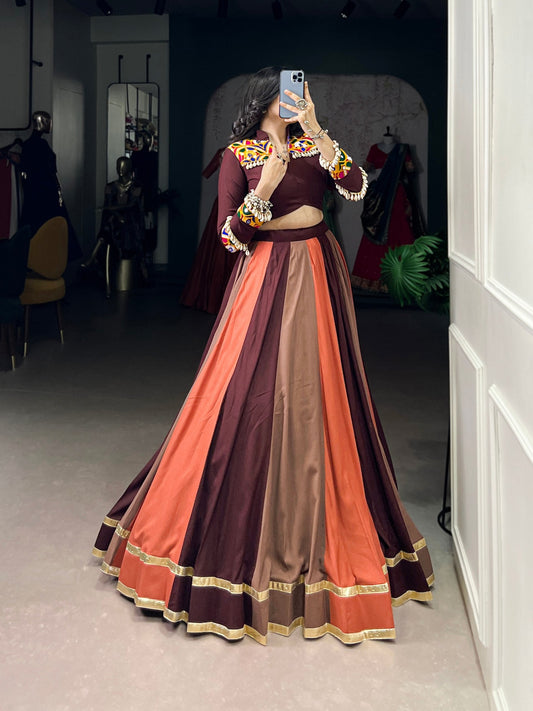 Coffee Pure Rayon Embossed Design Work Navratri Lehenga Choli