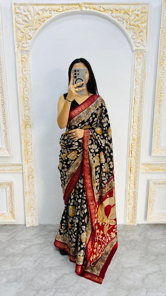 Black Soft Mal Mal Cotton Silk Elegant Pen Kalamkari Saree
