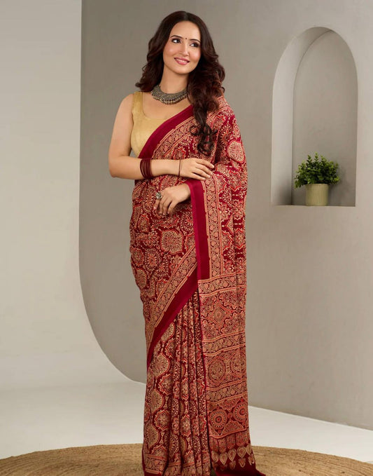 Maroon Original Semi Gajji SilkAjrakh Rich Pallu With Contrast Blouse Saree