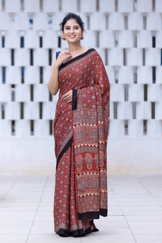 Red Original Semi Gajji SilkAjrakh Rich Pallu With Contrast Blouse Saree