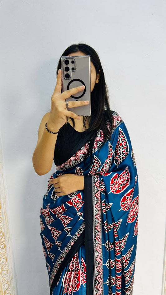 Royal Blue Original Semi Gajji Silk Traditional Ajrak Design Saree