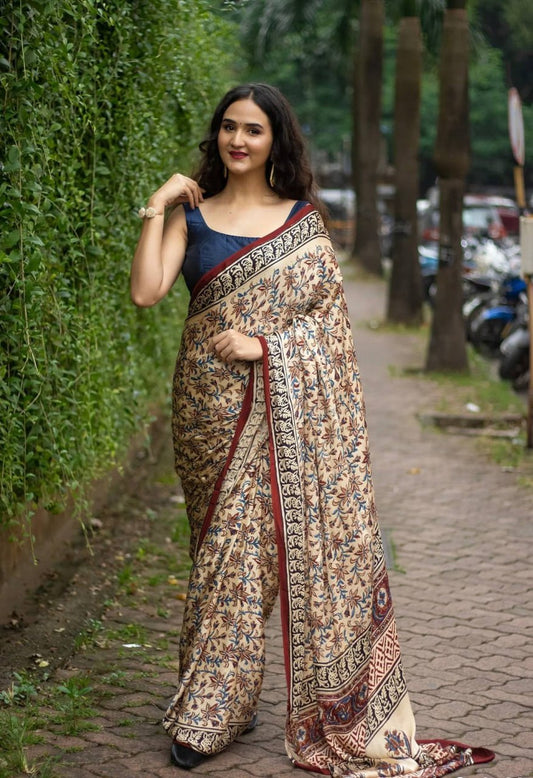 Off White Original Semi Gajji Silk Traditional Ajrak Design Saree