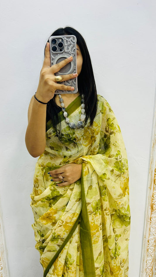 Mehandi Premium Lilan Cotton Beautiful Floral Lotus Print Saree