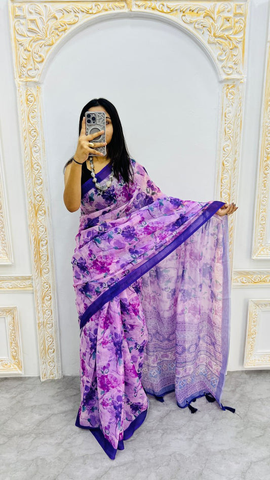 Blue Premium Lilan Cotton Beautiful Floral Lotus Print Saree