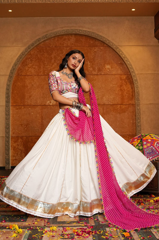 Off-White & Pink Crepe Navratri Lehenga Choli with Gota Patti Lace, Embroidery & Mirror Work